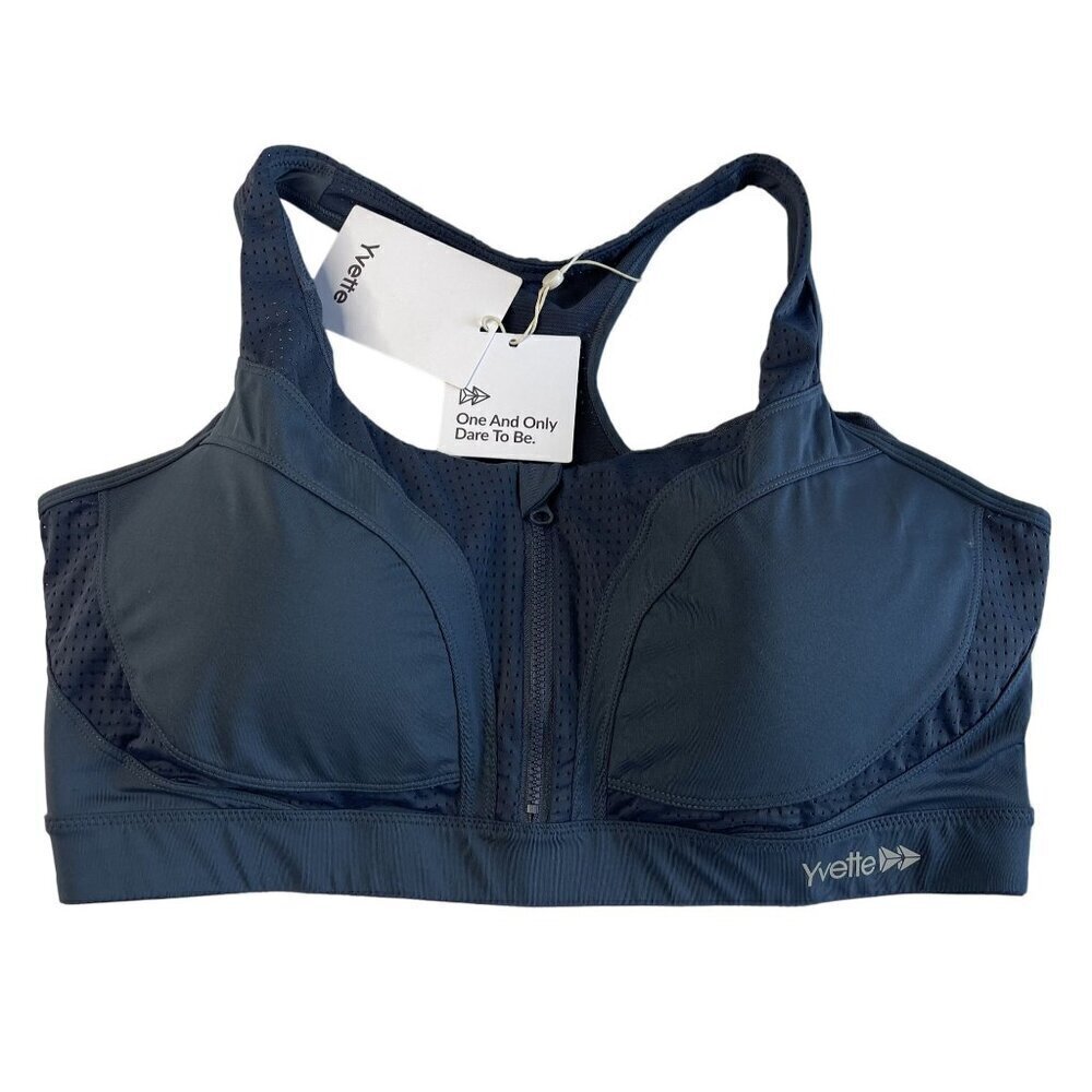 Yvette Womens Padded Running Sports Bra SZ 3XL Zip Front Racer Back Grey NEW